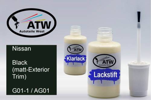Nissan, Black (matt-Exterior Trim), G01-1 / AG01: 20ml Lackstift + 20ml Klarlack - Set, von ATW Autoteile West.